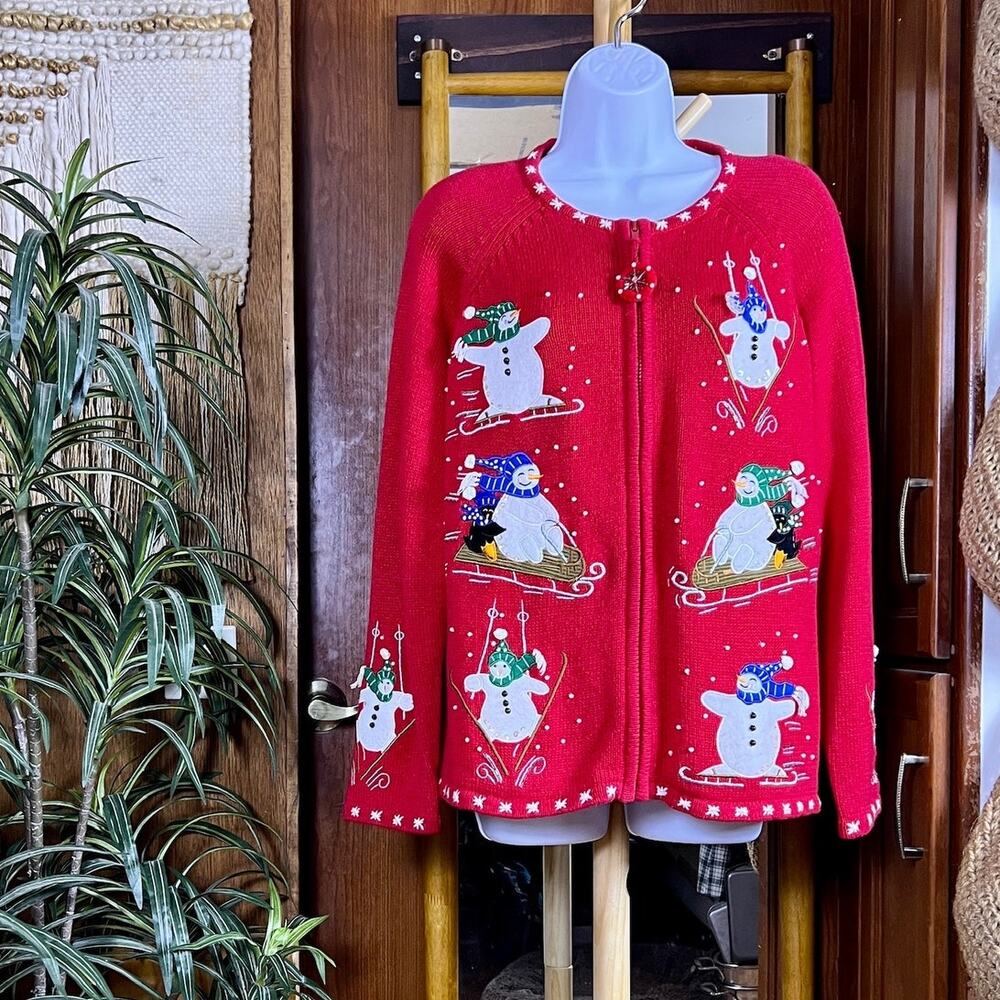 Vintage Tiara International Christmas Cardigan Womens M Snowman Embellished 2004
